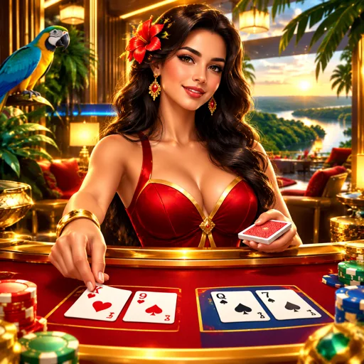 Mesa de bacará ao vivo com cartas e fichas do jogador e do banker